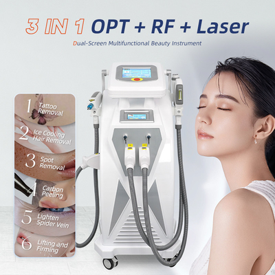 Tela dupla 3 em 1 Multifuncional RF Face Lifting Nd Yag Laser Tattoo Removal OPT IPL Máquina de remoção de cabelo